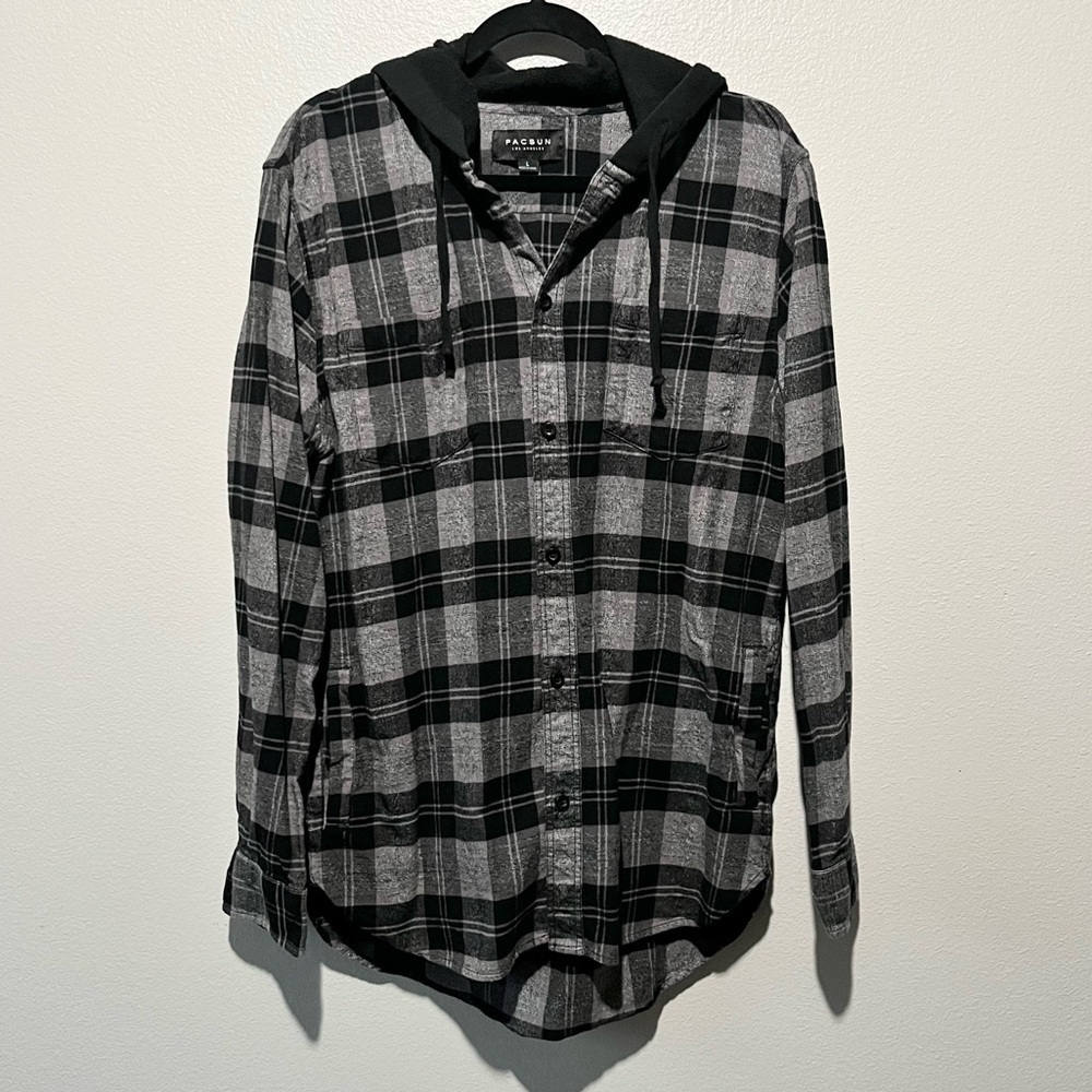 PACSUN- Plaid Button Down Long Sleeve Shirt with Hoodie Black and Grey Size L